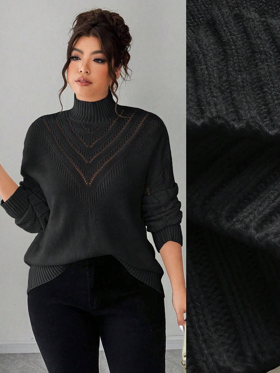 Elenzga Jersey de cuello en V de unicolor talla grande para mujer, invierno - Negro - Ver 1
