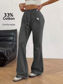 SHEIN EZwear 女式纯色抽绳休闲夏季刺绣喇叭裤 - 深灰色 - 查看 4