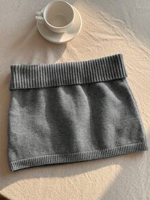 Comfortcana 女士纯色针织罗纹休闲百搭毛衣裙，韩版秋冬款 - 深灰色 - 查看 2