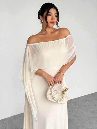 Firerie Plus Size Elegant Casual Vacation Date Party Afternoon Tea Graceful Charming Ins Style Fashion Pleated Off-Shoulder Cape Asymmetric Hem Shawl Elastic Sleeveless Dress For Women