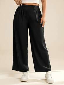 SHEIN Essnce Quần nữ cỡ lớn mùa hè và thu dáng rộng thoải mái, có túi, cạp chun, ống lửng, có túi, quần nữ, quần áo mùa thu, quần giáo viên, quần áo đi học, quần cho người có thân hình đầy đặn. - màu đen - Xem 4