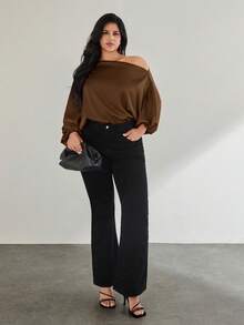 SHEIN Privé Áo kiểu nữ cỡ lớn màu trơn tay cánh dơi, kiểu dáng thanh lịch, vai lệch. - Lạc đà - Xem 4