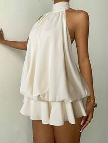 Aloruh Đầm ngắn màu mơ, hở lưng, tối giản, màu trơn, thích hợp để đi làm. - Màu be - Xem 4