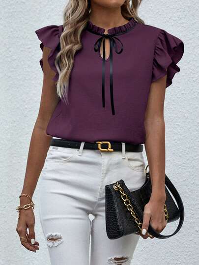 EMERY ROSE Women's Elegant Contrast Color Bow Tie Collar Ruffle Sleeve Blouse