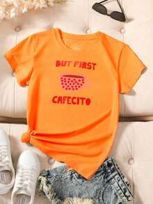 Playera estampada para mujer "But First Cafecito" estilo casual moderno - Naranja - Ver 1