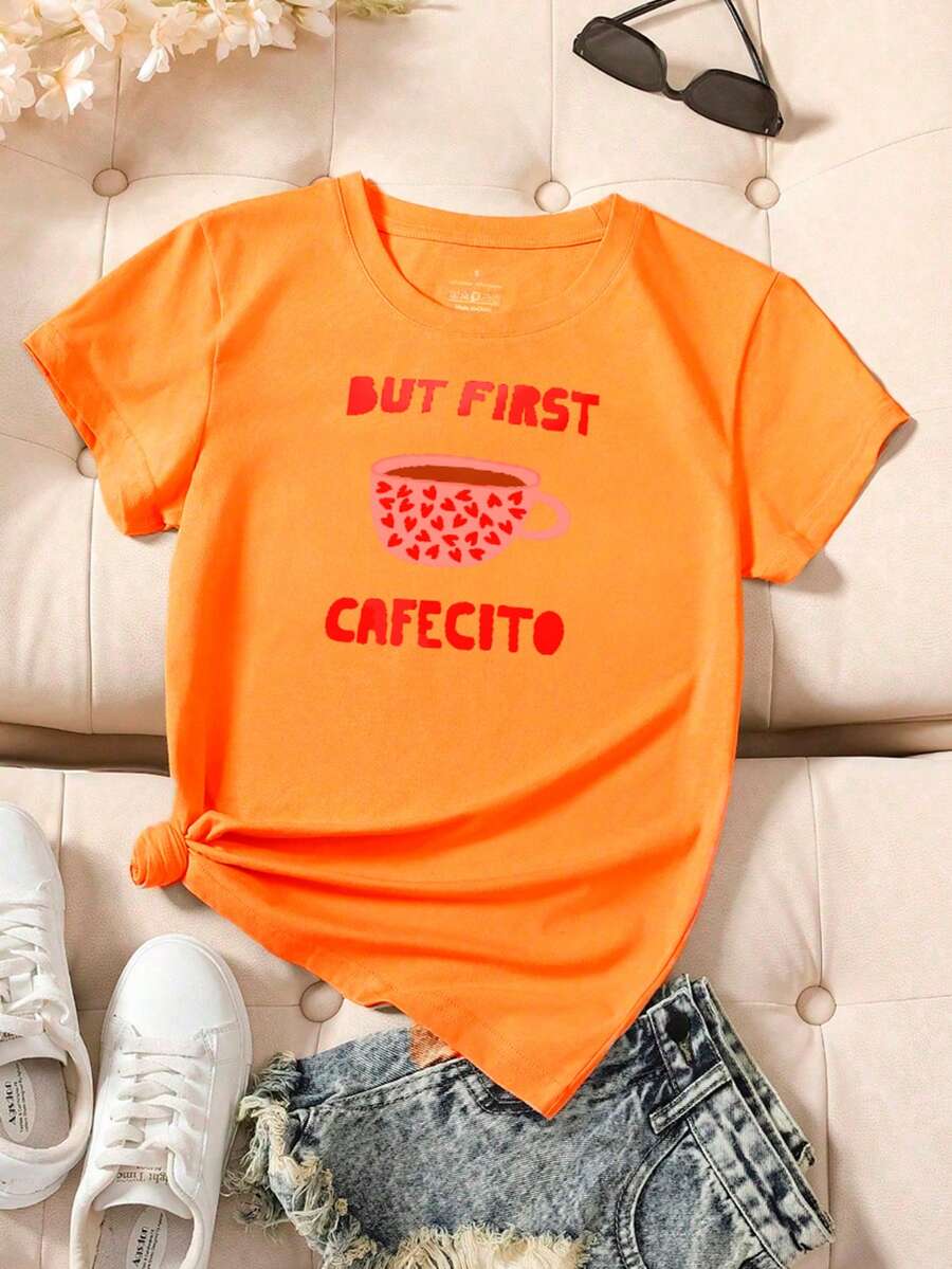 Playera estampada para mujer "But First Cafecito" estilo casual moderno - Naranja - Ver 1