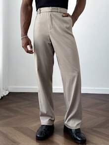 Manfinity Homme Men's Loose Relaxed Fit Adjustable Waist Straight Leg Pants, Versatile For Casual, Commute, And Home Wear Beige Pants For Men - Grey - View 1