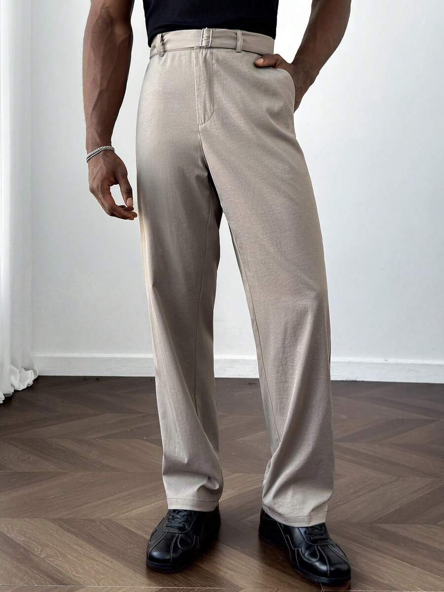 Manfinity Homme Men's Loose Relaxed Fit Adjustable Waist Straight Leg Pants, Versatile For Casual, Commute, And Home Wear Beige Pants For Men - Grey - View 1