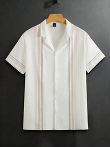 EGENSIO 男士西装领单排扣条纹休闲通勤短袖衬衫 - 白色 - 查看 1