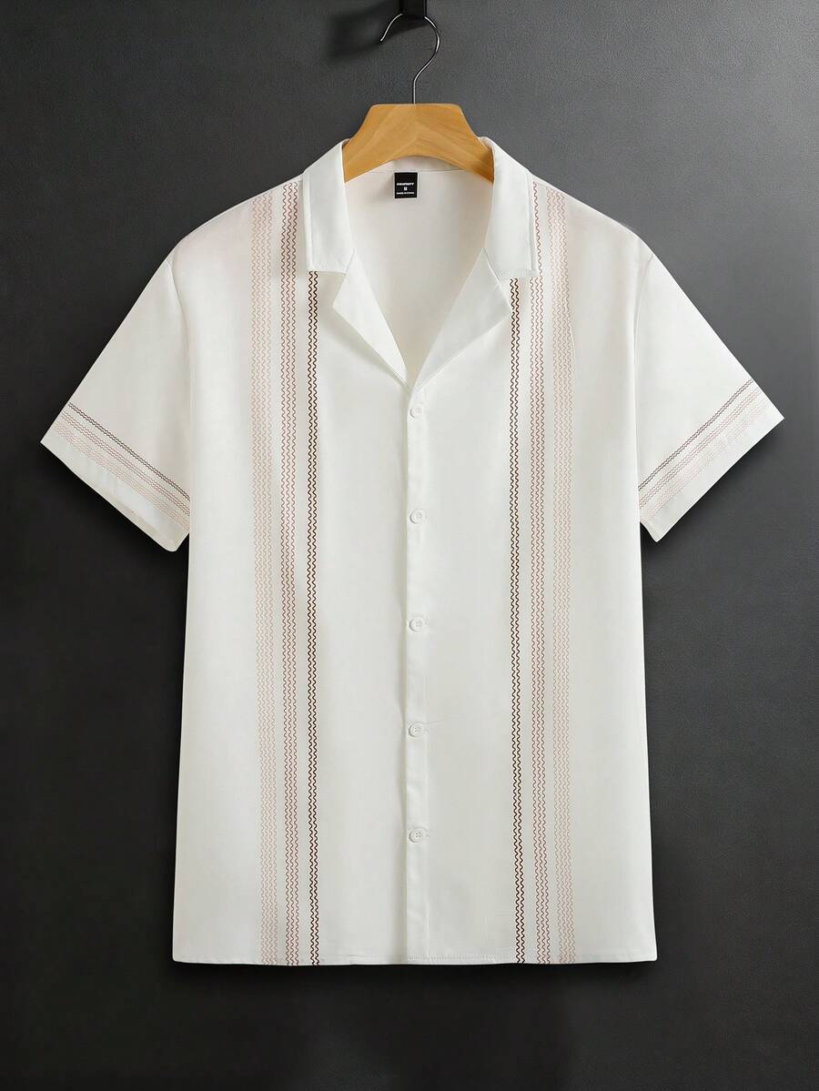 EGENSIO 男士西装领单排扣条纹休闲通勤短袖衬衫 - 白色 - 查看 1
