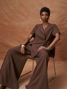 Zivah 女士纯色交叉系带露脐上衣搭配松紧腰阔腿裤度假派对套装 - 棕色 - 查看 9