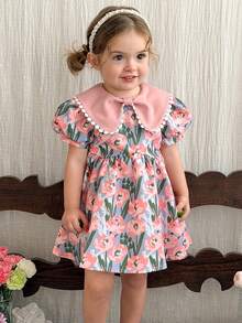 LMoss Kids LMoss Baby Girl Cute Ditsy Floral Ruffle Collar Puff Sleeve Dress,Summer Flower Girl Blue Pink Casual Clothes For Parties,Birthdays&Everyday Life - Multicolor - View 7