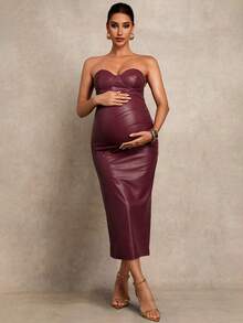 MaterniChic Vestido de maternidad ajustado de unicolor con bandeau de piel sintética - Burdeos - Ver 6