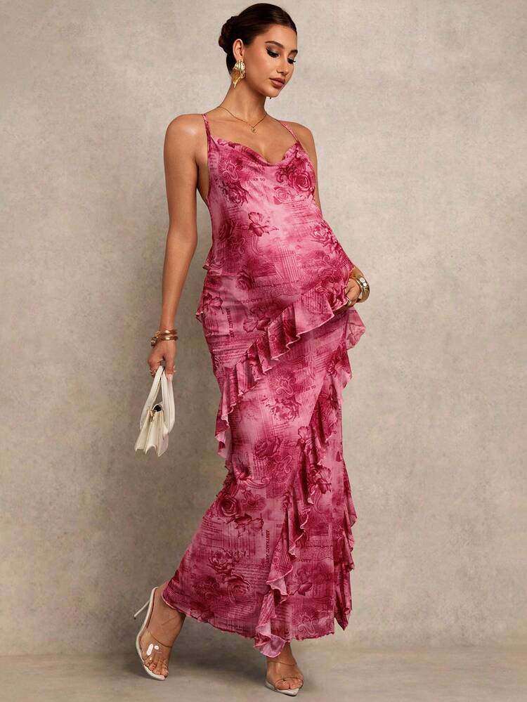 MaterniChic Maternity Floral Print Patchwork Ruffle Trim Fitted Elegant Camisole Dress - Hot Pink - View 4