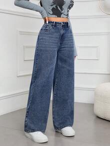 SHEIN ICON Women's Solid Color Casual Denim Jeans - Blue - View 3
