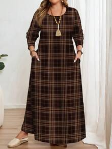 EMERY ROSE Plus Size Vintage Plaid Print Long Sleeve Round Neck Dress, Suitable For Autumn/Winter Spring Fall - Multicolor - View 1