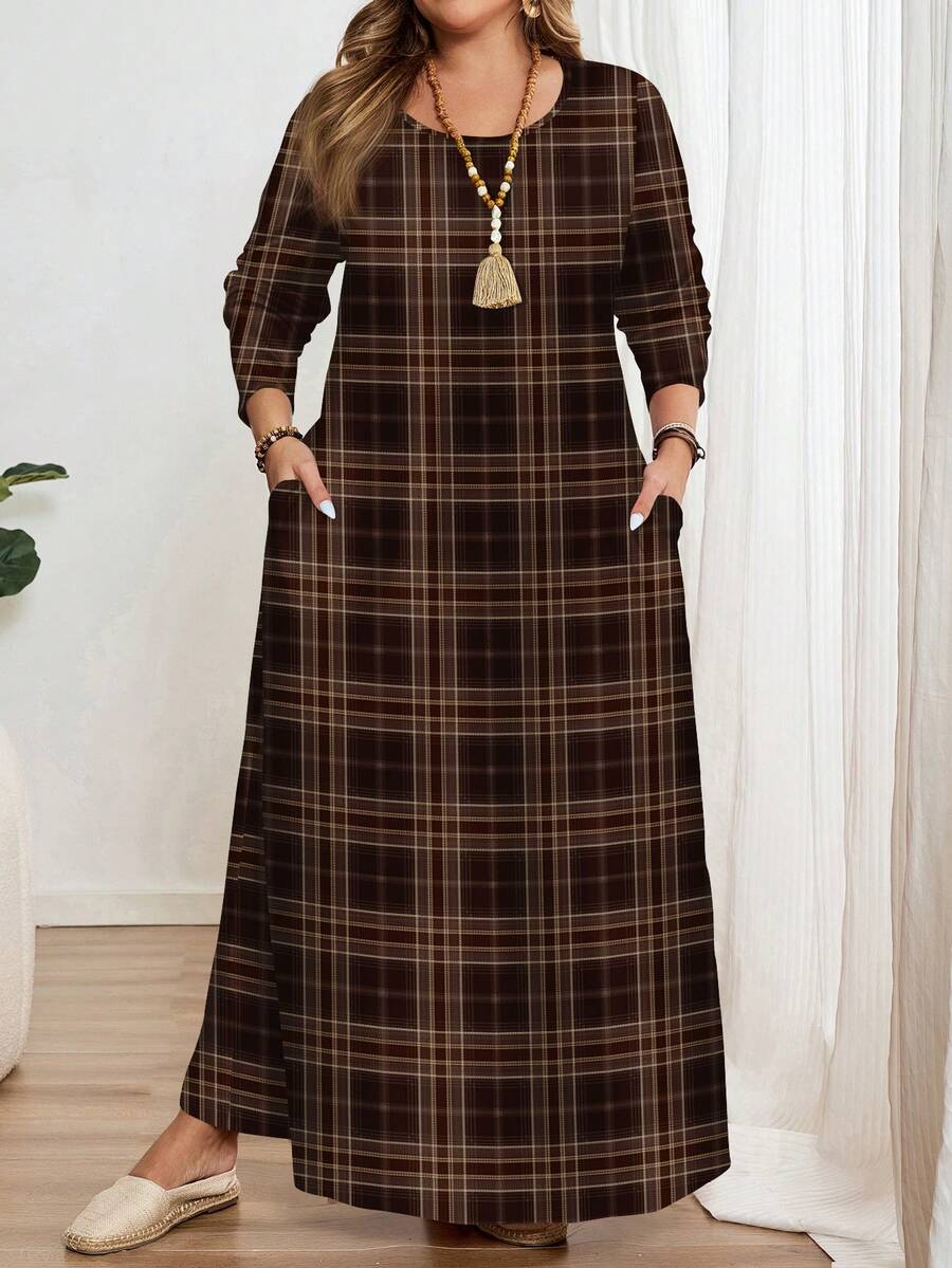 EMERY ROSE Plus Size Vintage Plaid Print Long Sleeve Round Neck Dress, Suitable For Autumn/Winter Spring Fall - Multicolor - View 1