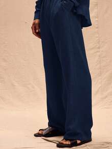 Musero Men Oversized Linen Pants Only Spring Summer Vacation Easter - Navy Blue - View 3