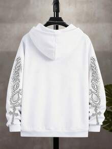 Manfinity Dauomo بلوزة هوديي رجالية مطبوع عليها طباعة ملاك، مزودة بسحاب وخيط شد، مناسبة للارتداء في الخارج والعطلات والمناسبات، موسم الخريف/الشتاء - أبيض - مشاهدة 2