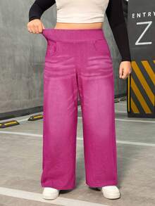 EMERY ROSE Jeans de pierna ancha de novio de punto elástico de talla grande - Rosa Fucsia - Ver 5