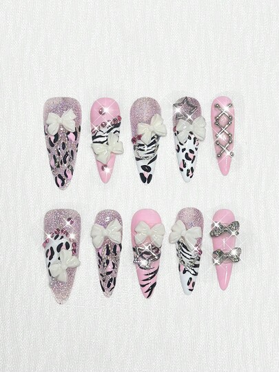 Anime 10 pezzi Unghie finte di alta qualità con fiocco carino, nota musicale, elemento a stella, realizzate a mano + 3 pezzi di adesivo biadesivo, Adesivi per arte di unghie rimovibili con catena di strass stile francese Y2K a pois, adatti per vacanze, feste, ballo e uso quotidiano