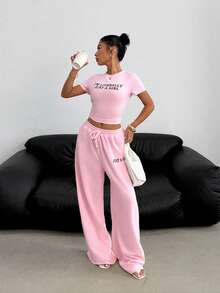 SHEIN EZwear Women's Slogan Print Round Neck Short Sleeve Fitted T-Shirt And Drawstring Waist Wide Leg Pants Casual 2-Piece Set Outfits 2 Piece Set Women 2 Piece Sets Summer - Pink - View 3