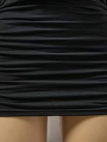 SHEIN LUNE 女士迷你褶皱不对称肩连衣裙 - 黑色 - 查看 7