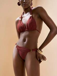 Zivah 新款优雅可调节肩带和腰部设计度假休闲沙滩比基尼套装 - 棕色 - 查看 7