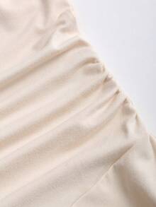 Sweetra Beige Summer Elegant Bar Party French Style Asymmetrical Shoulder Tie Waist Jumpsuit With Metal Buckle, Straight Leg Design For Early Spring - Apricot - View 4