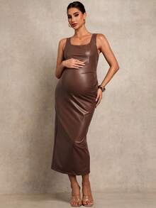 MaterniChic Maternity Solid Color PU Leather Square Neck Sleeveless Elegant Dress Summer Outfits  Elegant Dresses - Brown - View 1