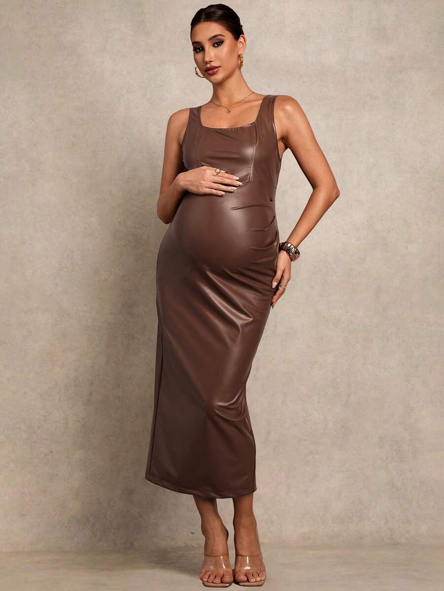MaterniChic Maternity Solid Color PU Leather Square Neck Sleeveless Elegant Dress Summer Outfits Elegant Dresses - Brown - View 1