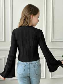 SHEIN Serisse Kids 少女休闲优雅纯色针织荷叶边领喇叭袖T恤上衣，适合返校和日常穿着 - 黑色 - 查看 2