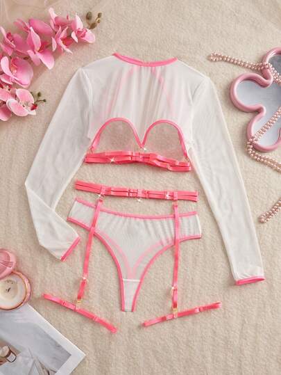 Eraneu 5pcs/Set Colorful Hollow Out Long Sleeve Sexy Lingerie Set Cute Underwear Set Pink Lingerie Set Long Sleeve Lingerie Set Birthday Lingerie Set Mesh Lingerie Set