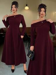 Elenzga Plus Size Soft Knit Asymmetric Shoulder Asymmetrical Hem Turtleneck Long Sleeve Waist Fit A-Line Fishtail Hem Dress, Elegant For Outings, Parties, Dates, And Commuting