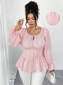 Elenzga Áo thun dáng chữ A ôm sát, cổ tròn, tay bồng, chất liệu dệt kim dập nổi 3D, cỡ lớn, thanh lịch, thích hợp cho các buổi đi chơi, đi làm, hẹn hò và tụ họp. - Hồng - Xem 3