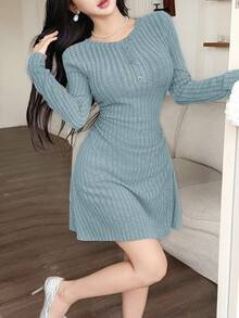 Feyla Women's Casual Solid Color Round Neck Long Sleeve Button Design Pleated Dress Long Sleeve Blue Dress Ribbed Dress Knit Dress - Blue - View 2