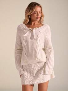 Glamine Elegant White V-Neck Knit Bow Tie Top & Pearl Button Skirt Sexy Romantic Date 2-Piece Set For Women Cream Outfit Women Cream Two Piece Set Sweater Set Knit Two Piece Set Sweater 2-Piece Set ,Party Dresses,Elegant Women's Sets,White Outfit For New Year's Eve,Holiday 2 Pieces Knit Set - White - View 3