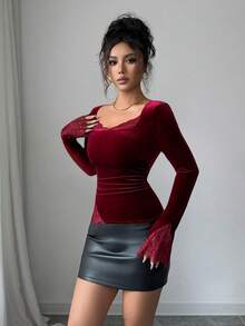 Elenzga Áo thun nữ cổ tròn tay dài phối ren thêu thanh lịch, mặc thường ngày và mặc vào dịp Giáng sinh, Thu/Đông - Đỏ - Xem 7