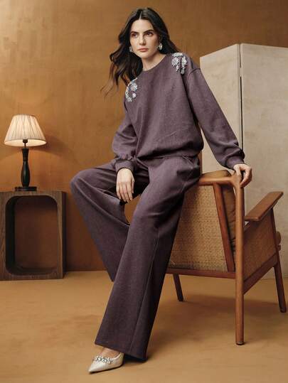 Anewsta Vintage Washed Light Blue Casual Sweatpants With Handcrafted Rhinestone Embellishments For Women