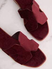 SHUZIA Women Shoes Minimalist Open Toe Thin Flat Bottom Everyday Basic Slip-On Slippers Velvet Burgundy Sliders - Burgundy - View 5