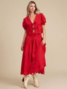 WESTFADE Kurzarm Top mit Bindung und Herz-Taschen - Rot - Übersicht 3