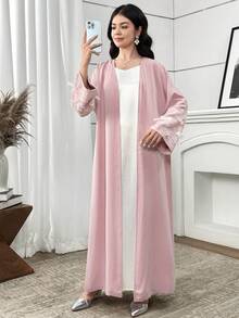 SHEIN Teen Girls' V-Neck Loose Casual Vacation Dress With Faux Pearl & Bow Trim, Cardigan Style - Pink - View 4