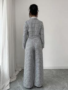 Modelyn 女款優雅灰色秋季辦公室穿著梭織粗花呢兩件套，長袖翻領夾克開襟衫與寬腿直筒褲休閒套裝 - 黑色 - 查看 2