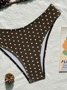 Swim Mod 2026春夏女士波点印花挂脖泳衣，高衩下装，两件式比基尼套装 - 咖啡棕 - 查看 5