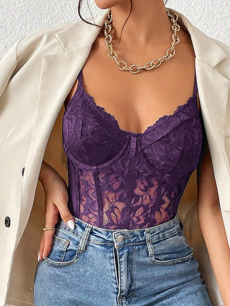 Glamine 女士花卉蕾丝性感时尚连体衣 - 紫色 - 查看 1