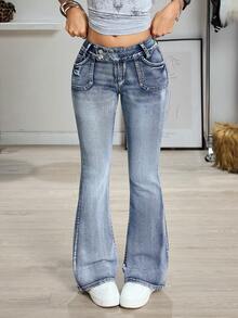 Jeanoix Quần jeans nữ ống loe cạp thấp ôm sát thời trang đa năng kiểu Y2K có túi - Rửa trung bình - Xem 3