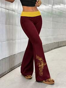 StreetHx Quần ống loe nữ thời trang phối màu tương phản, họa tiết hình chữ thập, kiểu dáng thường ngày. - Nhiều màu - Xem 4