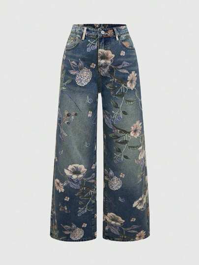 PETITE Jeans anchos de pierna ancha con lavado y estampado floral vintage para mujer de talla pequeña