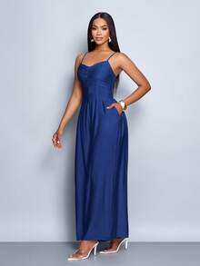 SOLERSUN Tuta da donna con scollo a cascata, colletto a cascata, allacciatura, schiena scoperta e gamba ampia, adatta per uso quotidiano e vacanze - Blu Navy - Visualizzare 5