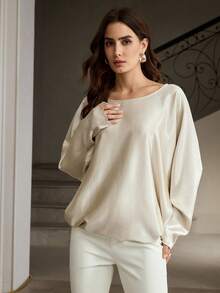 ZEYLAH Women's Contrast Lace Batwing Sleeve Loose Elegant Blouse - Champagne - View 3